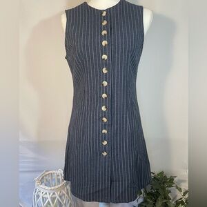 Navy Pinstripe Button Front Mini Dress Tunic Minimalist Coastal Style